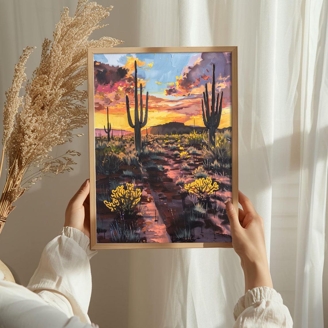 Golden Hour Desert Saguaro Silhouette Sunset Painting Poster - Image 3