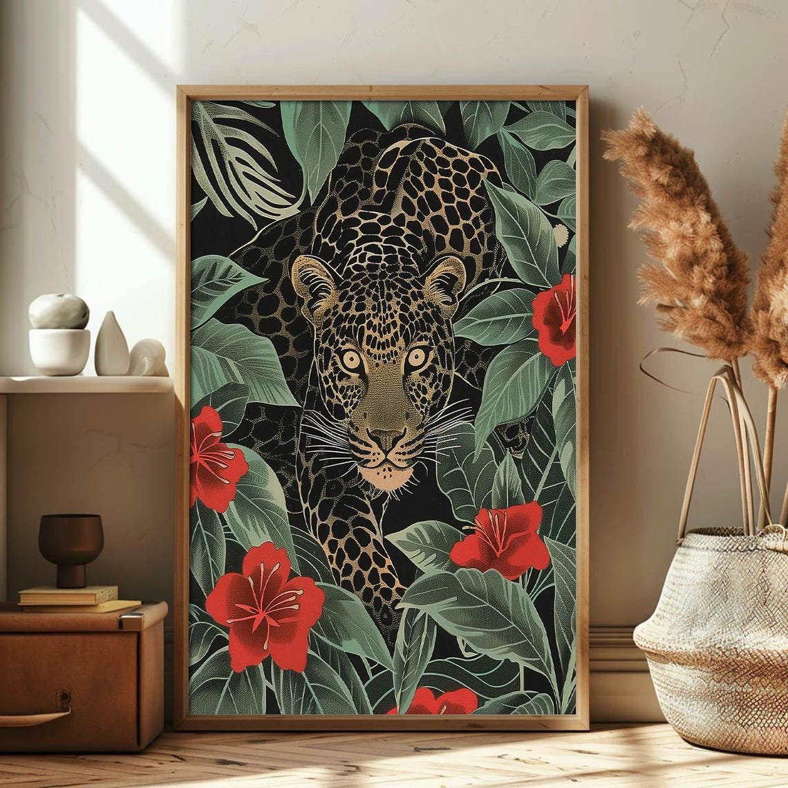 Leopard in the Jungle Red Flowers Tropical Wild Animal Poster - Image 3