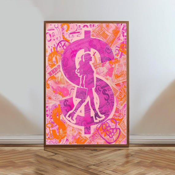 Feminine Dollar Sign Wall Art Pink And Orange Money Artwork Stylish Home Decor Pop Art Dollar Sign Print Modern Wall Decor