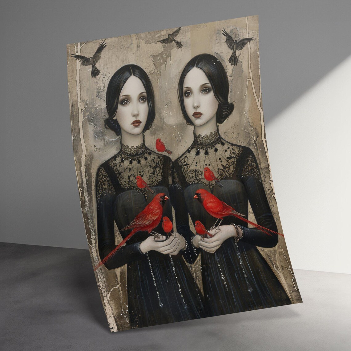 Gothic Twin Sisters Red Cardinals Dark Fantasy Portrait Art Poster - Image 3