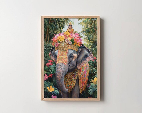 Flower Crown Elephant In Jungle Exotic Decorative Art Poster