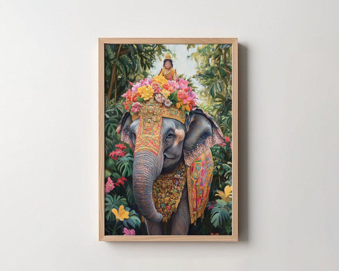 Flower Crown Elephant In Jungle Exotic Decorative Art Poster