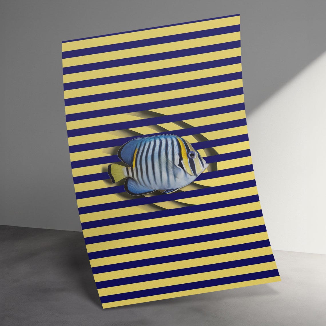 Striped Angelfish On Bold Yellow Navy Optical Art Graphic Poster - Image 3