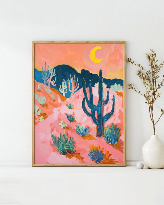 Crescent Moon Desert Cactus Pink Turquoise Night Landscape Poster
