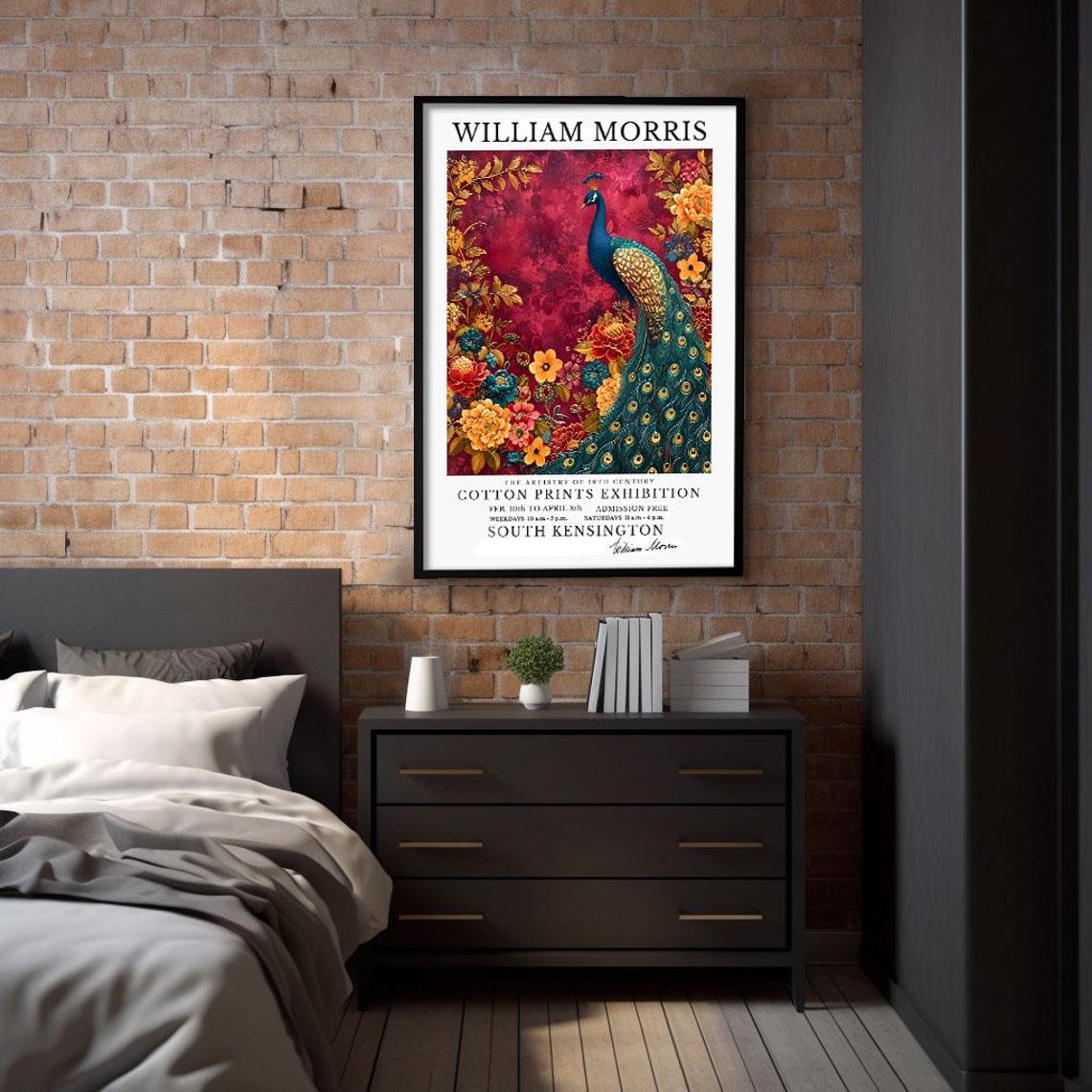 William Morris Peacock Red Background Floral Cotton Prints Art Poster - Image 2