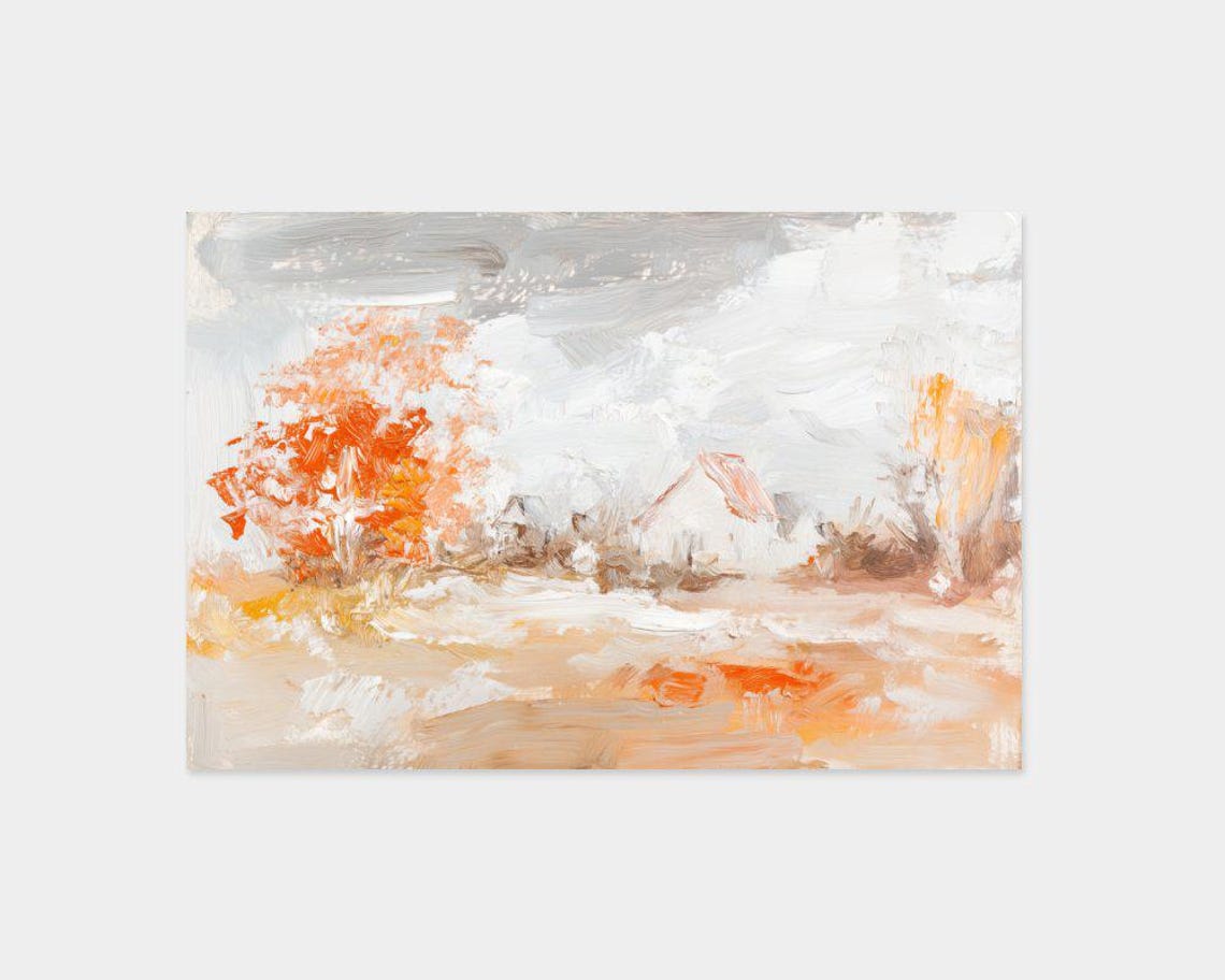 Abstract Autumn Barn Landscape Orange Trees Impressionist Poster - Image 2