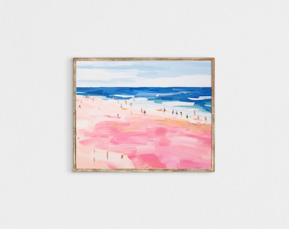 Pink Sand Beach Blue Ocean Impressionist Coastal Summer Poster