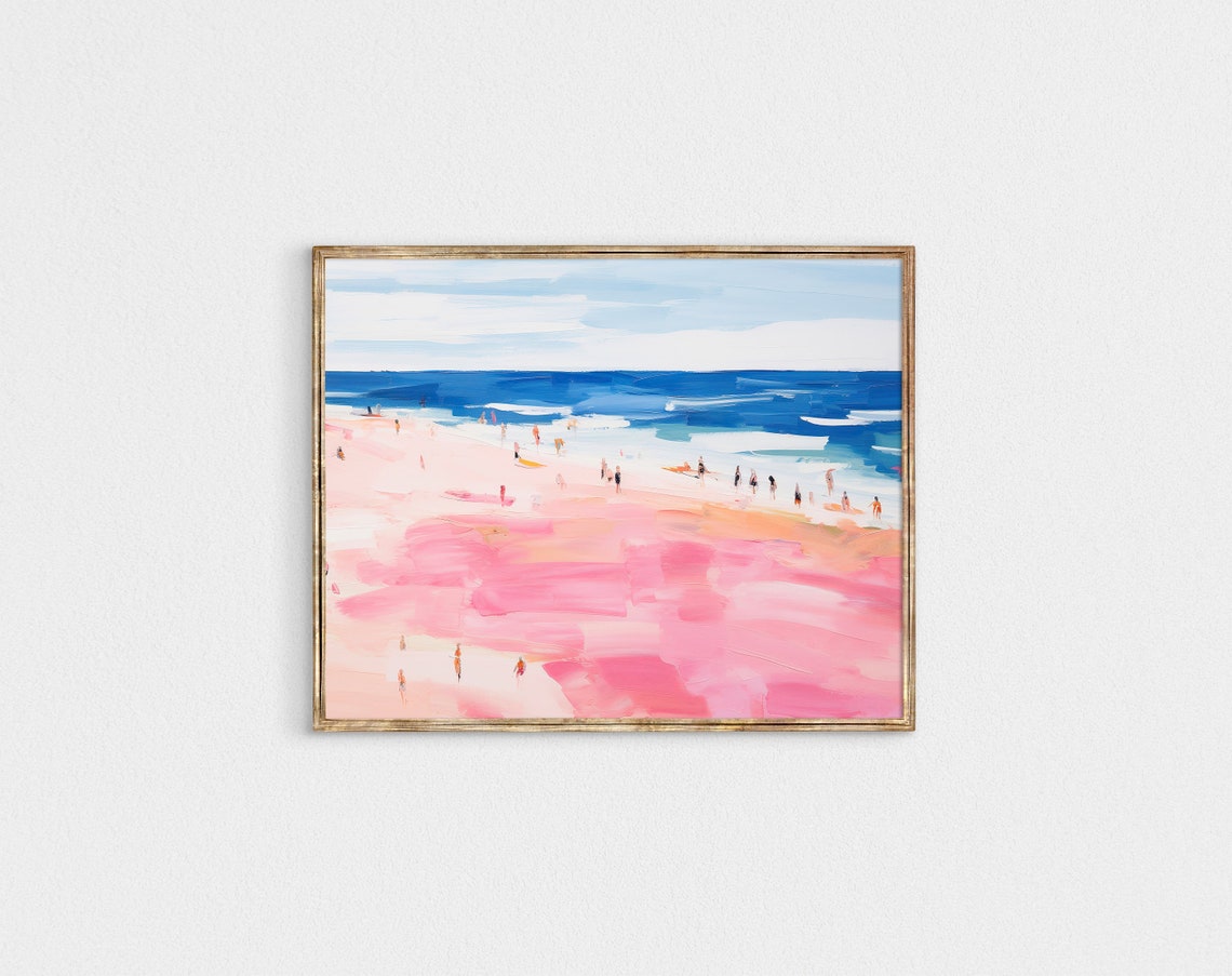 Pink Sand Beach Blue Ocean Impressionist Coastal Summer Poster