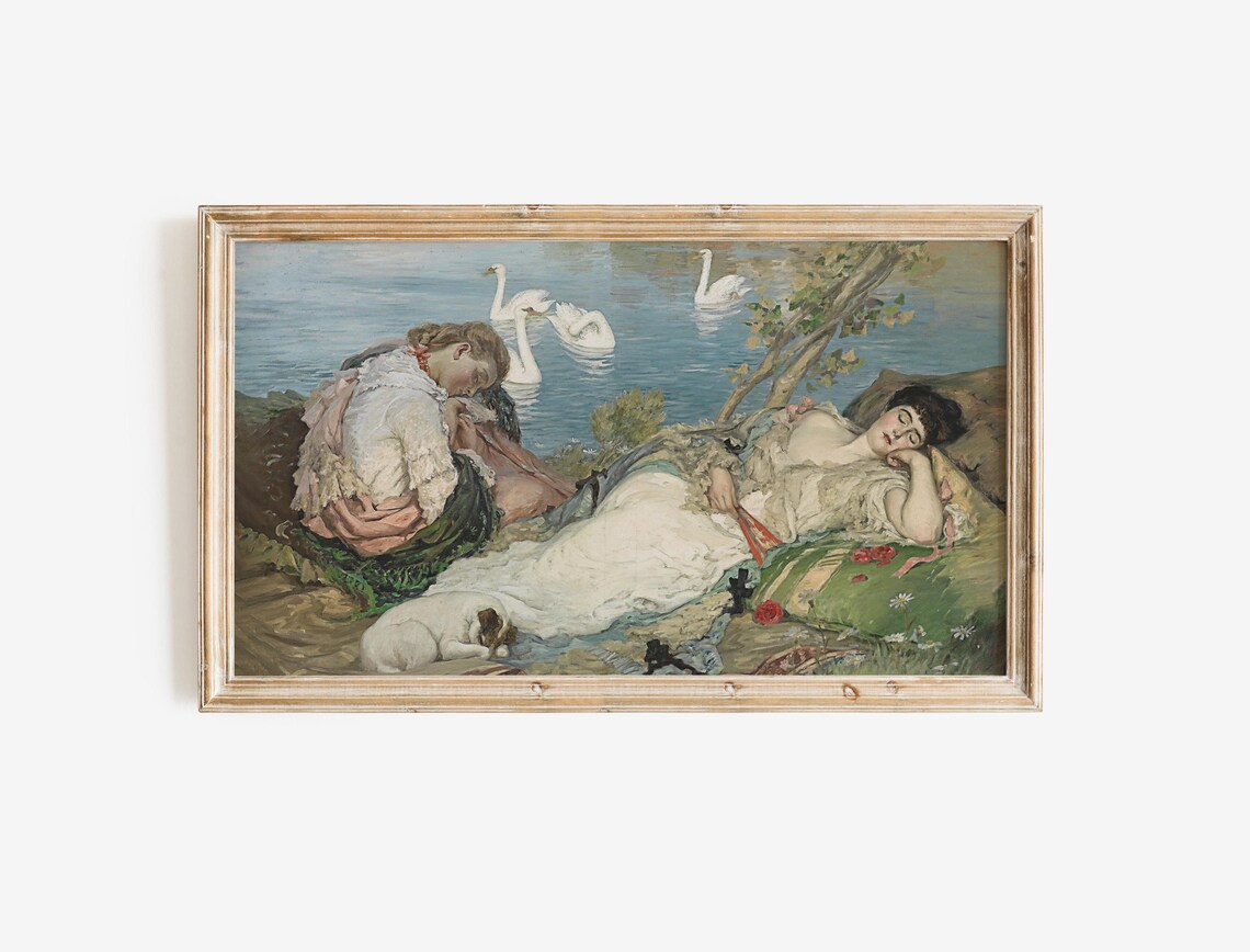 Women Resting By Swan Lake Vintage Romantic Swan Painting Poster - Image 2