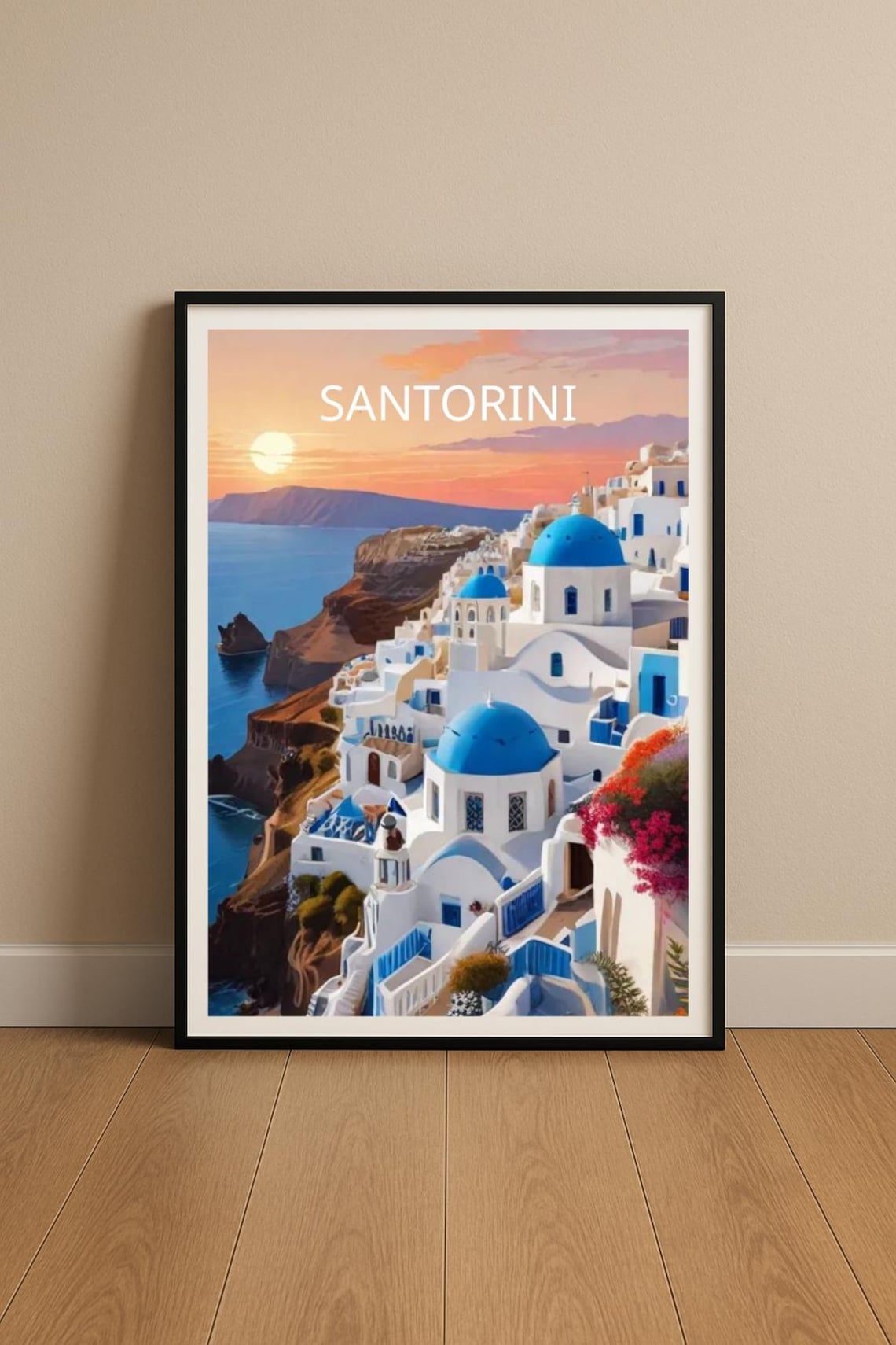 Santorini Greece Blue Dome Churches Sunset Aegean Travel Poster