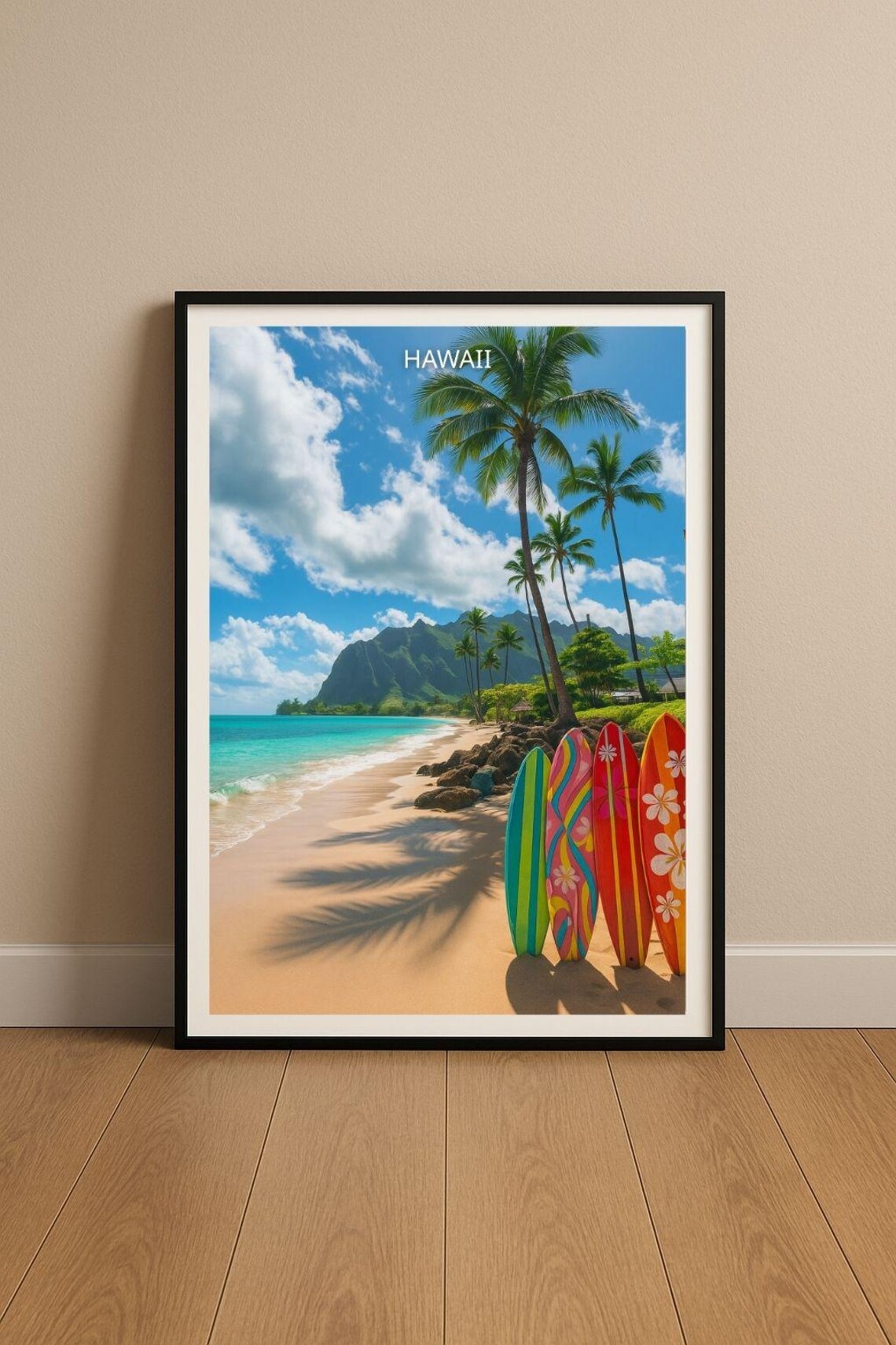 Hawaii Beach Colorful Surfboards Palm Trees Tropical Travel Poster