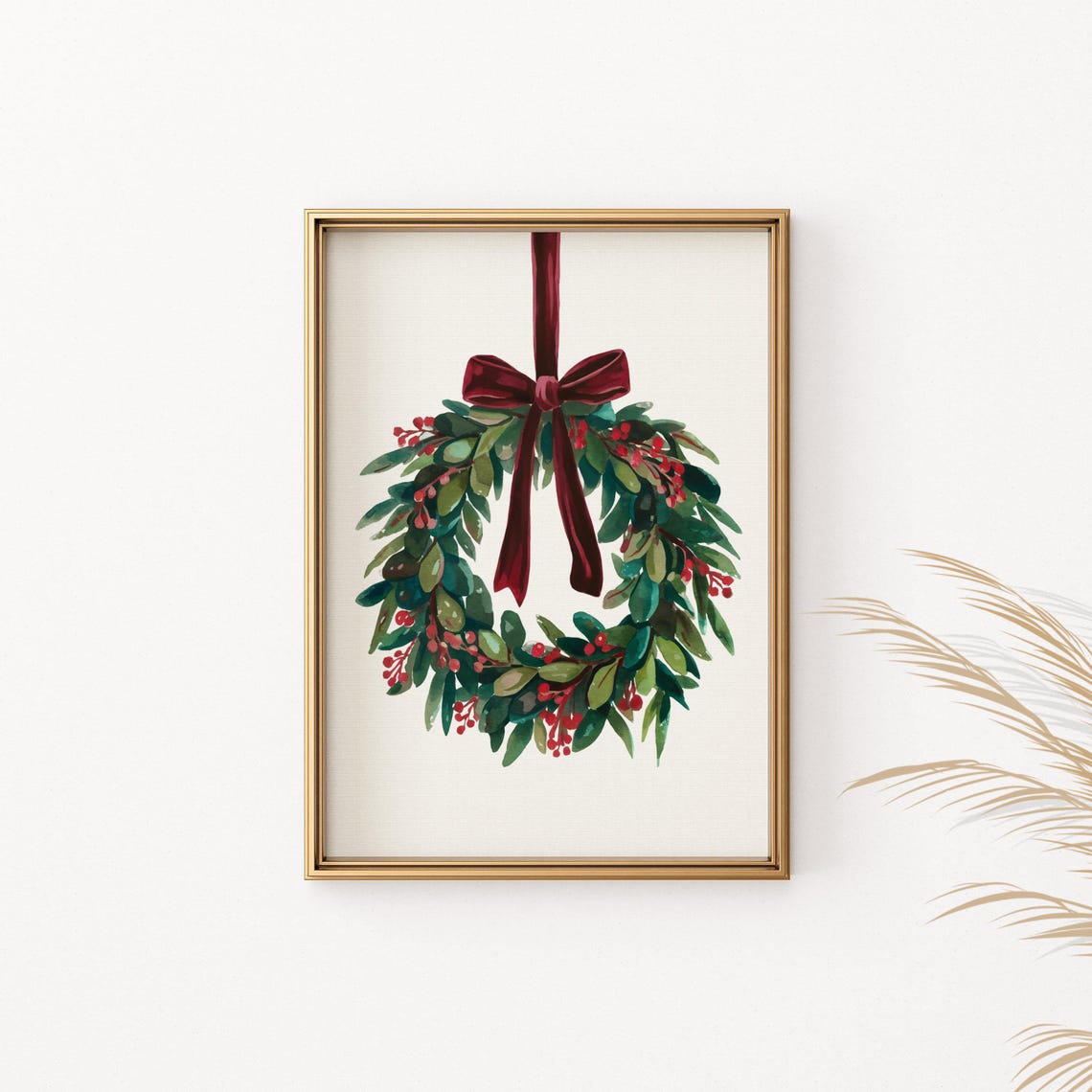 Watercolor Christmas Wreath Poster Red Velvet Bow Holiday Wall Decor - Image 2
