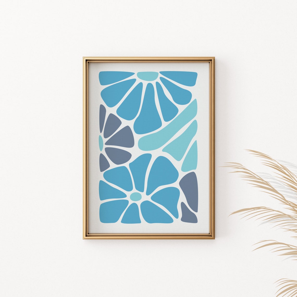 Blue Geometric Floral Art Modern Abstract Botanical Wall Decor Poster - Image 2