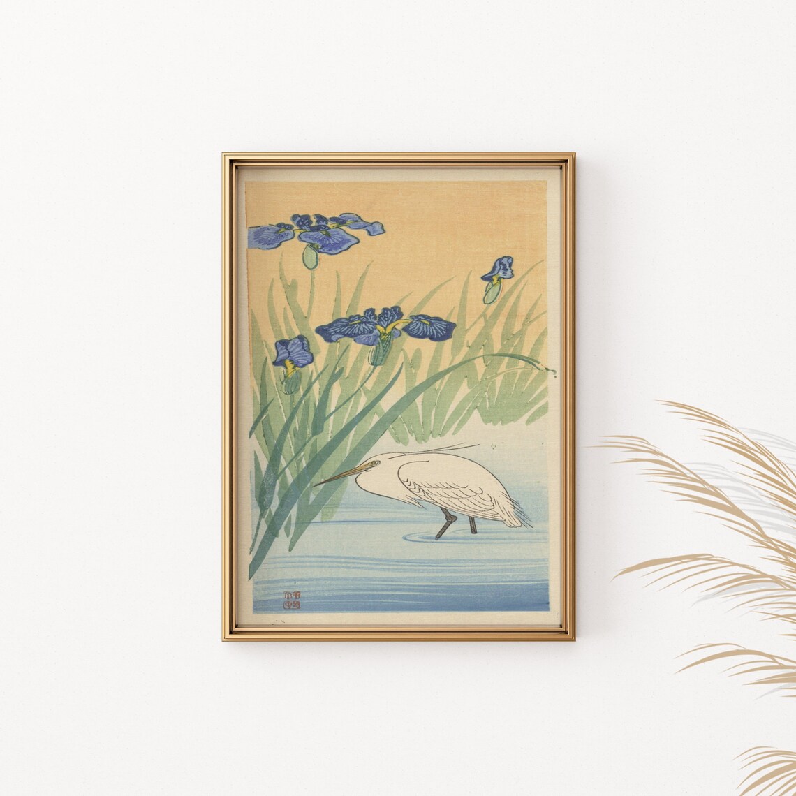 Vintage Japanese Heron Iris Woodblock Poster Egret Blue Flower Art