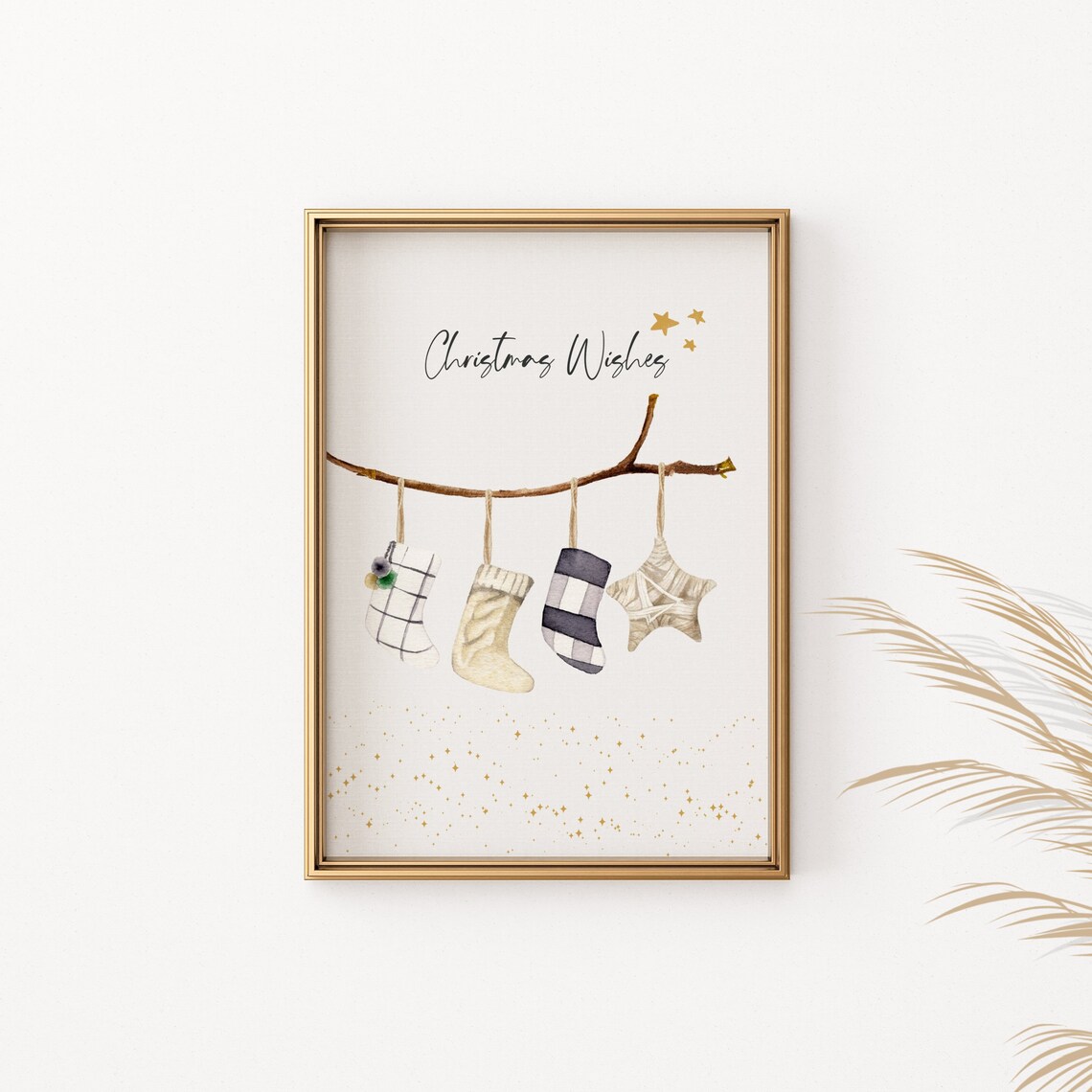 Christmas Wishes Stockings Poster Hanging Branch Watercolor Wall Decor