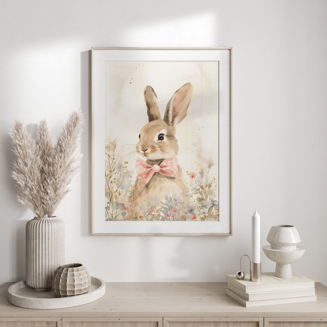 Watercolor Bunny Portrait with Pink Bow Tie Nursery Animal Poster - Image 2