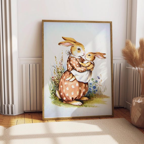 Vintage Mother Bunny And Baby Poster Nursery Wall Art Woodland Animal Print Kids Room Decor Bunny Illustration Unframed Poster
