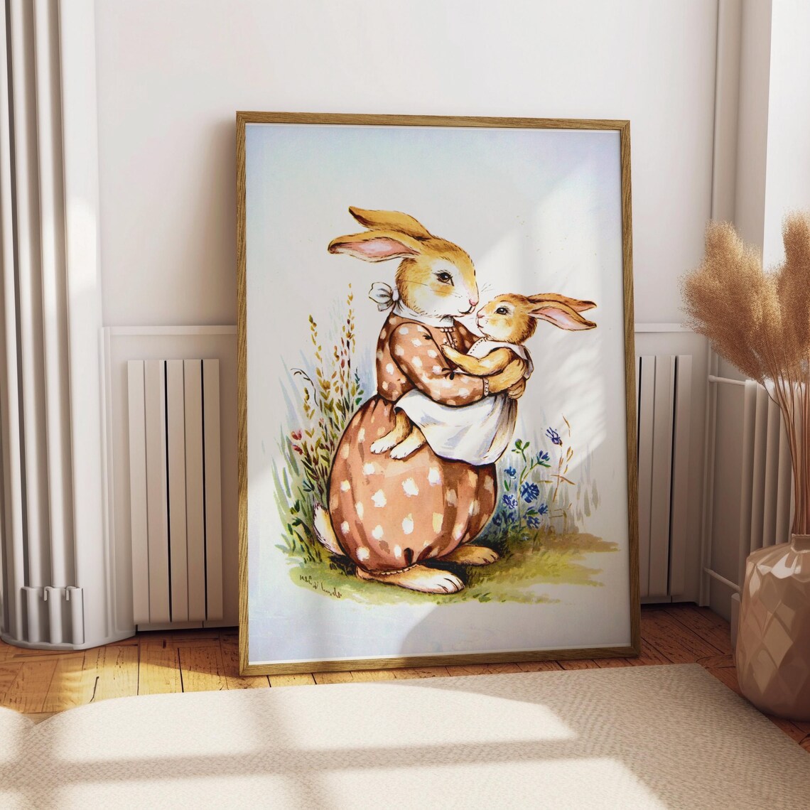Vintage Mother Bunny And Baby Poster Nursery Wall Art Woodland Animal Print Kids Room Decor Bunny Illustration Unframed Poster