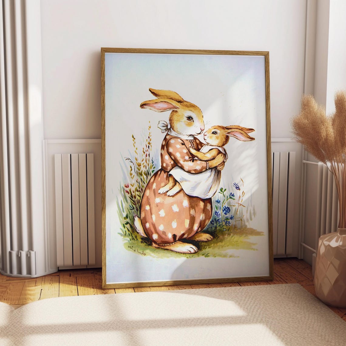 Vintage Mother Bunny Baby Rabbit Poster Nursery Woodland Wall Decor