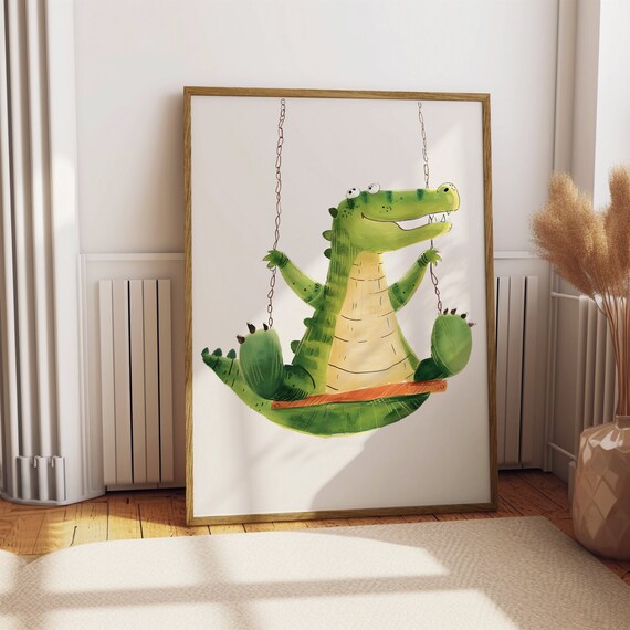 Cute Crocodile Swing Kids Room Playful Animal Watercolor Wall Poster