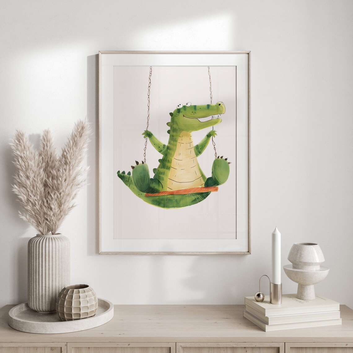 Cute Crocodile Swing Kids Room Playful Animal Watercolor Wall Poster - Image 2