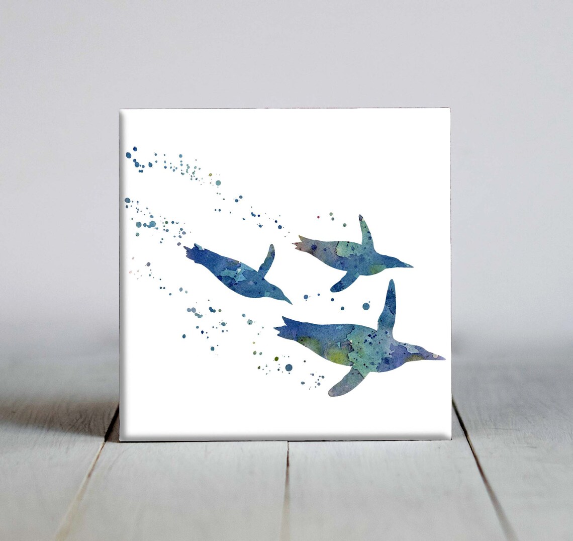 Blue Watercolor Swimming Penguins Trio Antarctic Bird Wall Art