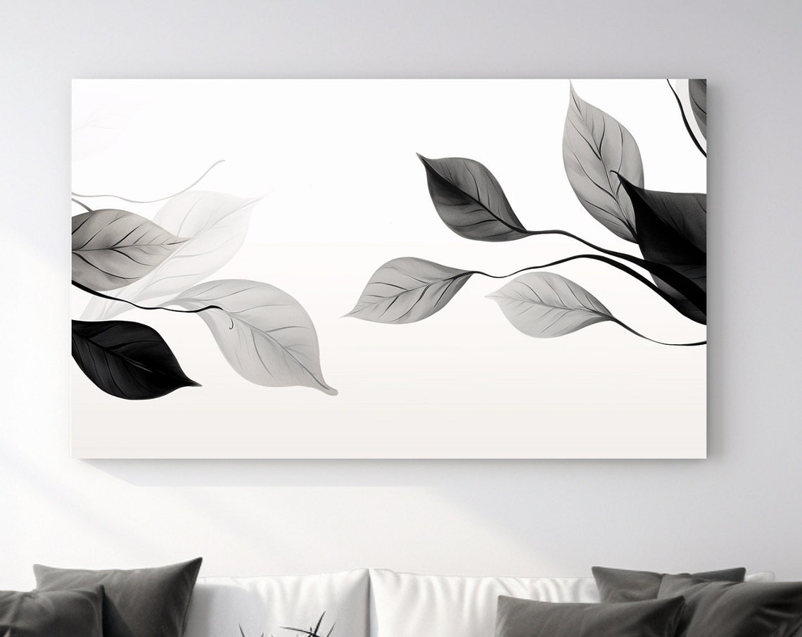 Black Grey Leaf Branches White Minimalist Modern Style Art Poster