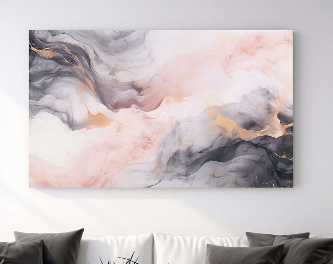 Grey Blush Marble Abstract with Copper Gold Veins Smoky Wall Art