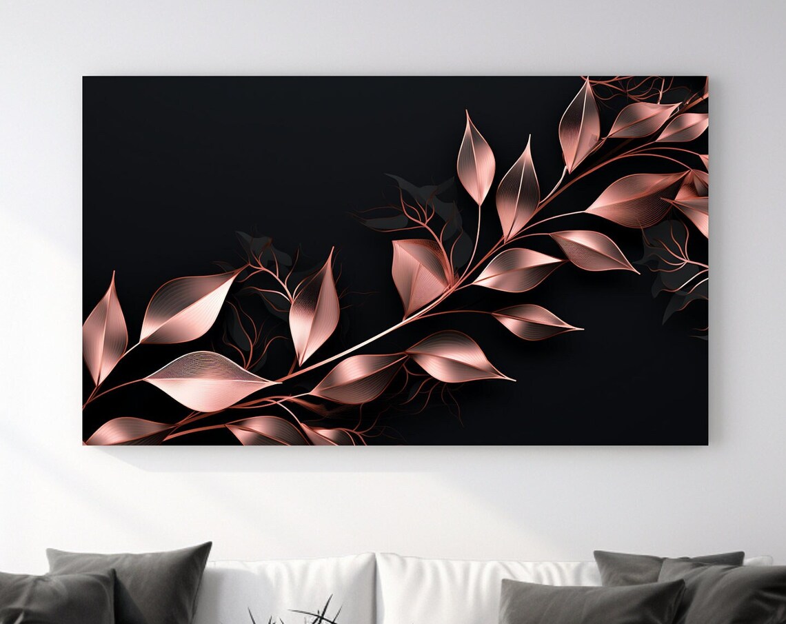 Rose Gold Metallic Leaves Diagonal Black Luxury Modern Art Poster
