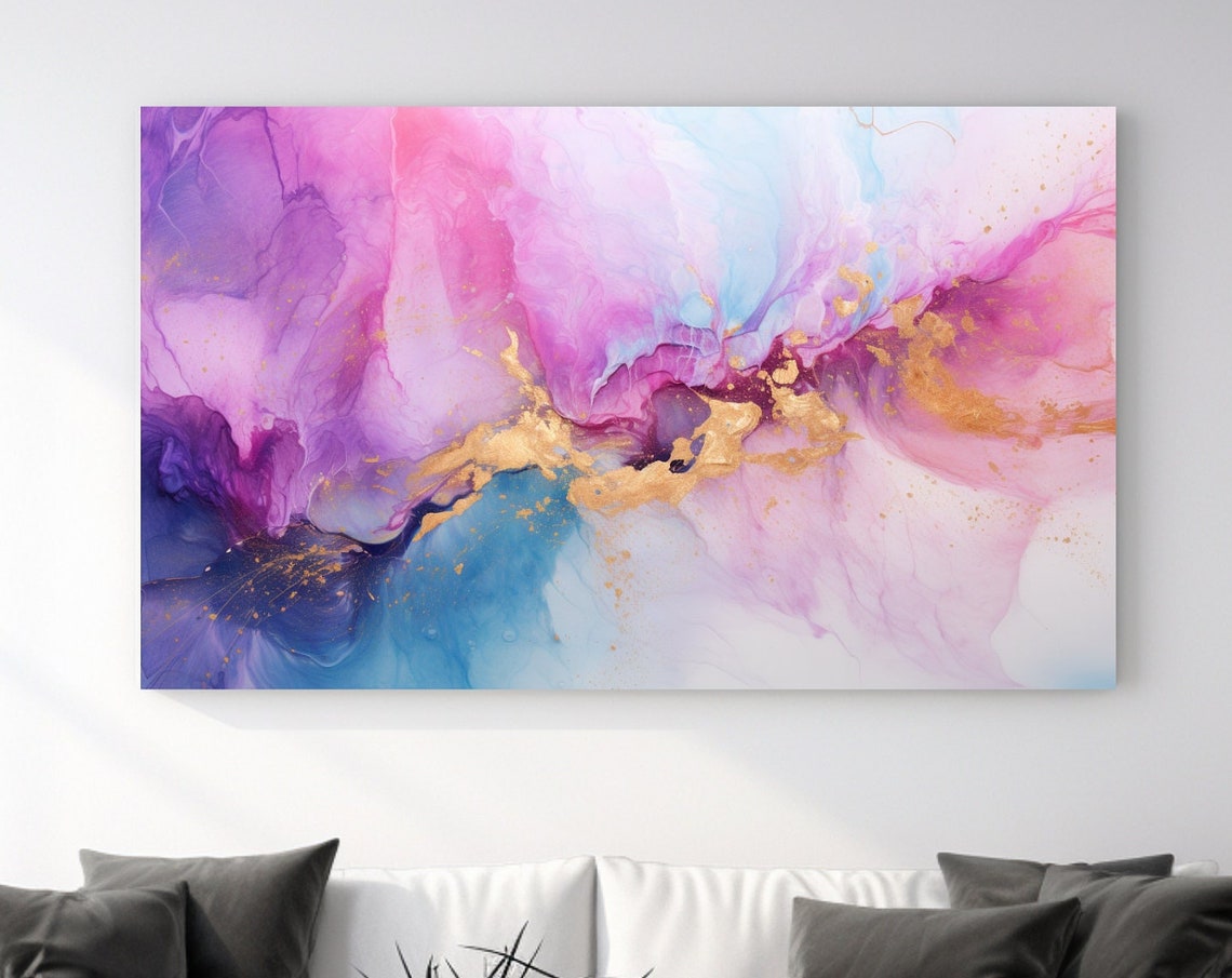 Soft Pink Purple Blue Marble Abstract With Gold Veins Wall Art