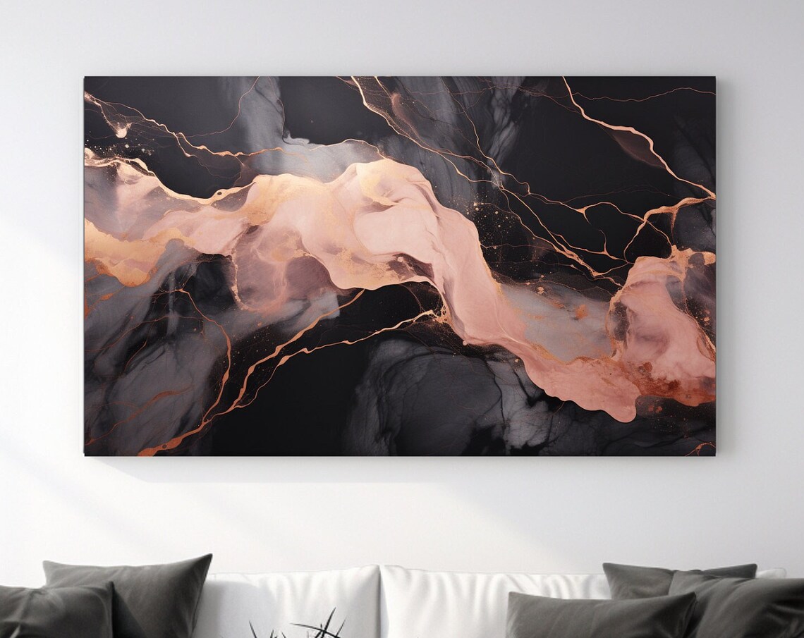 Black Marble Abstract with Rosegold Veins Dramatic Luxury Wall Art