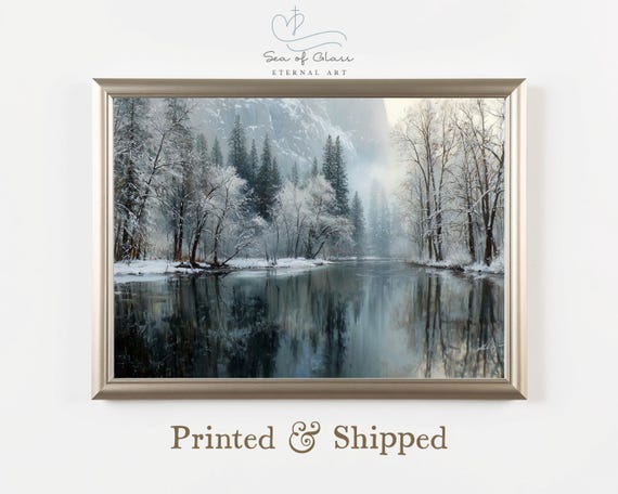 Winter River Landscape Print Yosemiteinspired Cabin Wall Art Lake House Decor Mountain Painting Mailed
