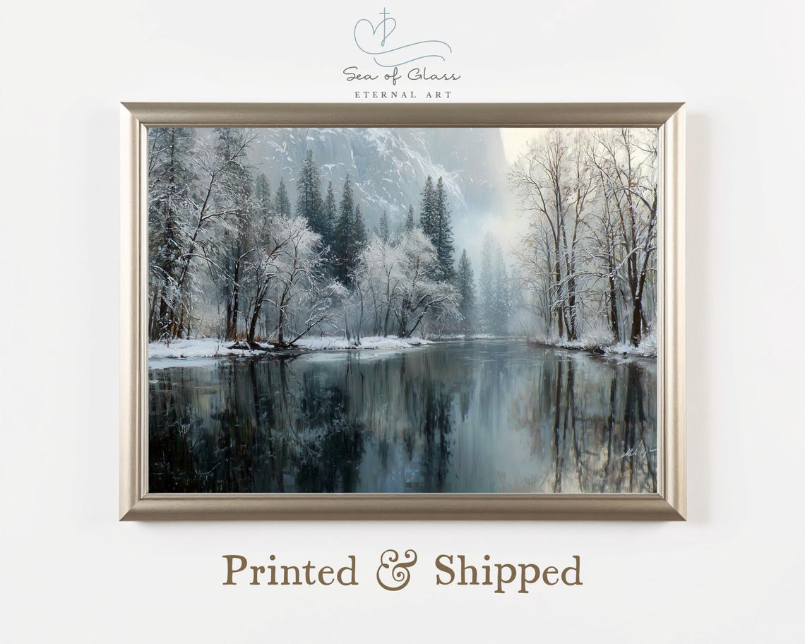 Snowy Forest River Misty Winter Landscape Reflection Art Poster