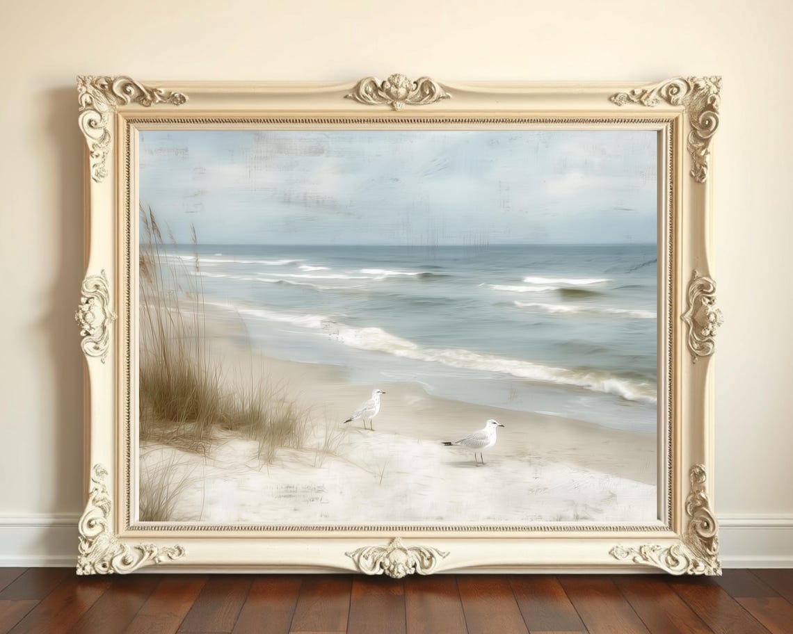 Two Seagulls on Sandy Beach Calm Ocean Oil Painting Coastal Poster