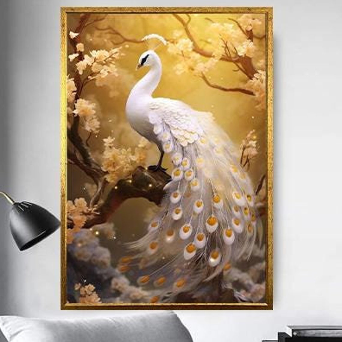 Elegant White Peacock On Golden Blossom Branch Floral Bird Poster - Image 5