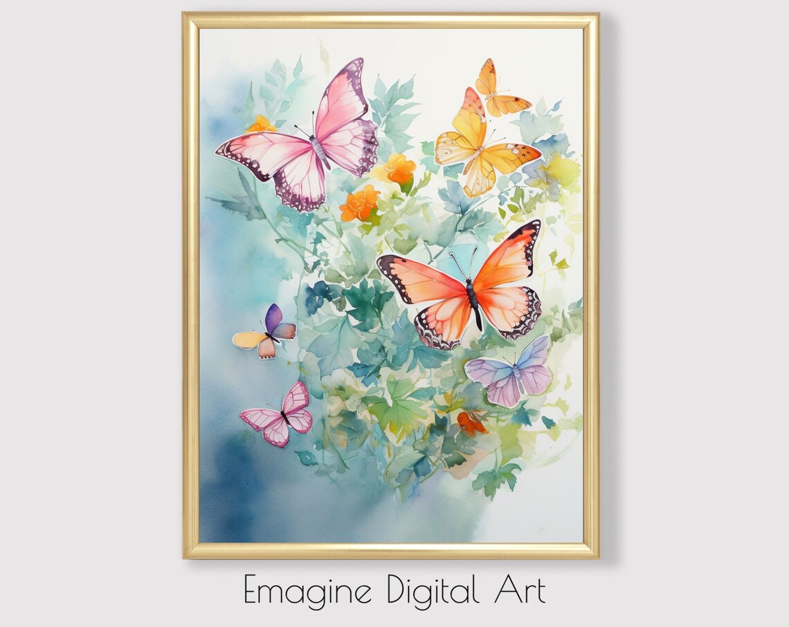 Dreamy Pastel Butterflies Watercolor Painting Floral Garden Poster