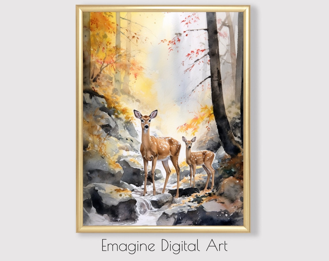 Doe And Fawn In Forest Autumn Wall Art Print