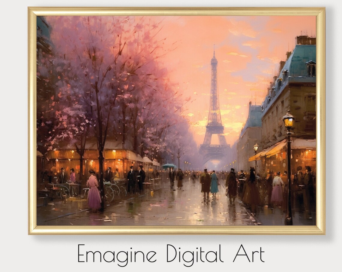 Eiffel Tower Paris Sunset Street Scene Vintage Impressionist Art Poster