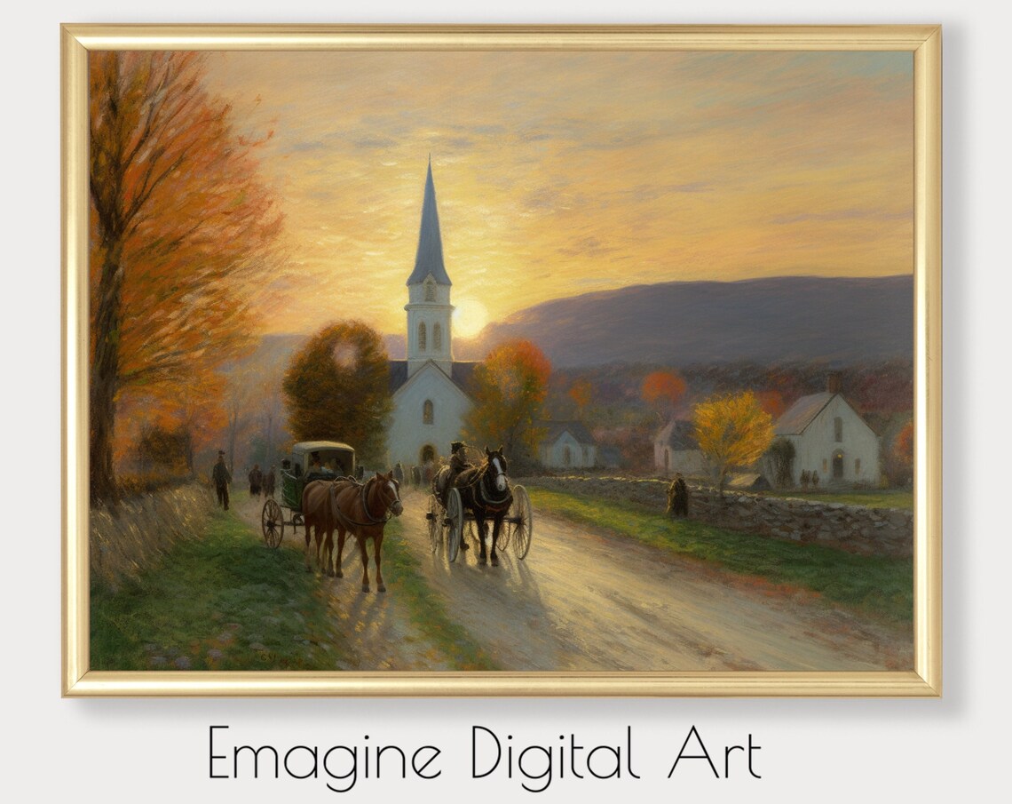 Vintage 1800s Church and Horse Carriages Sunset Country Scene Poster
