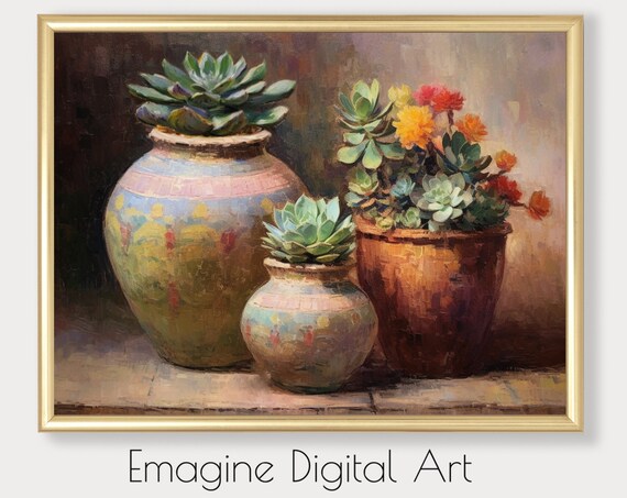 Charming Succulent Plants Painted Clay Pots Rustic Still Life Poster