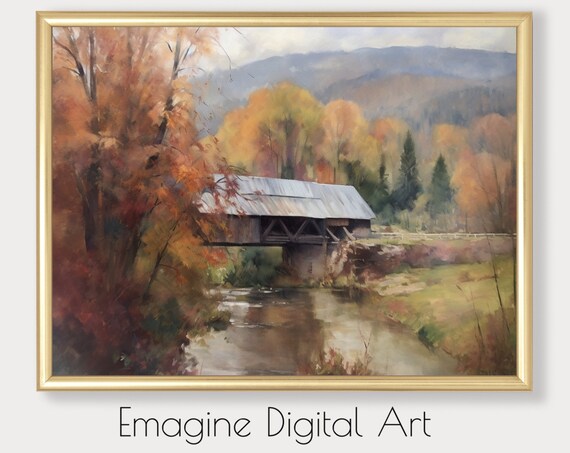 Vermont Covered Bridge Autumn River Fall Foliage Landscape Poster