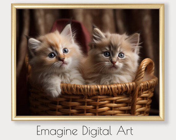 Two Fluffy Kittens in Wicker Basket Adorable Cat Photography Poster