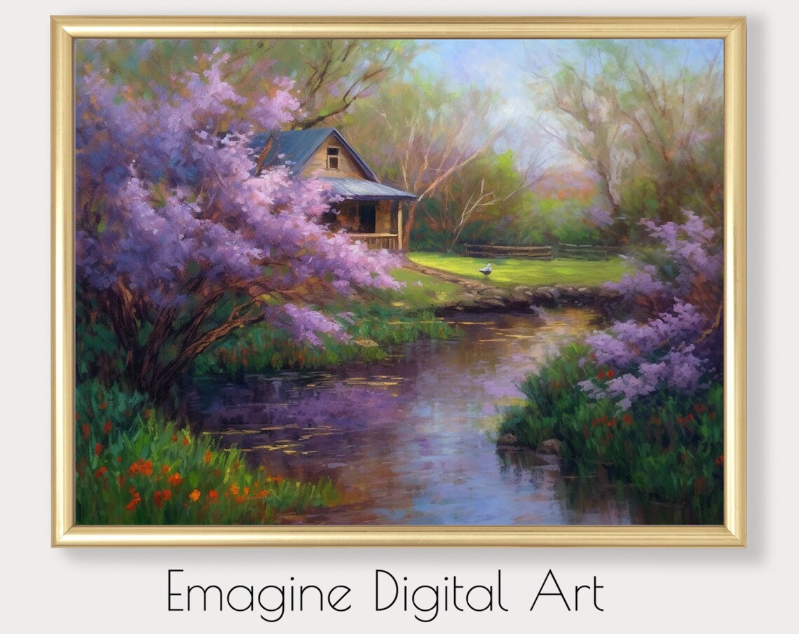 Lakeside Cabin with Lilac Blossoms Spring Pond Impressionist Poster