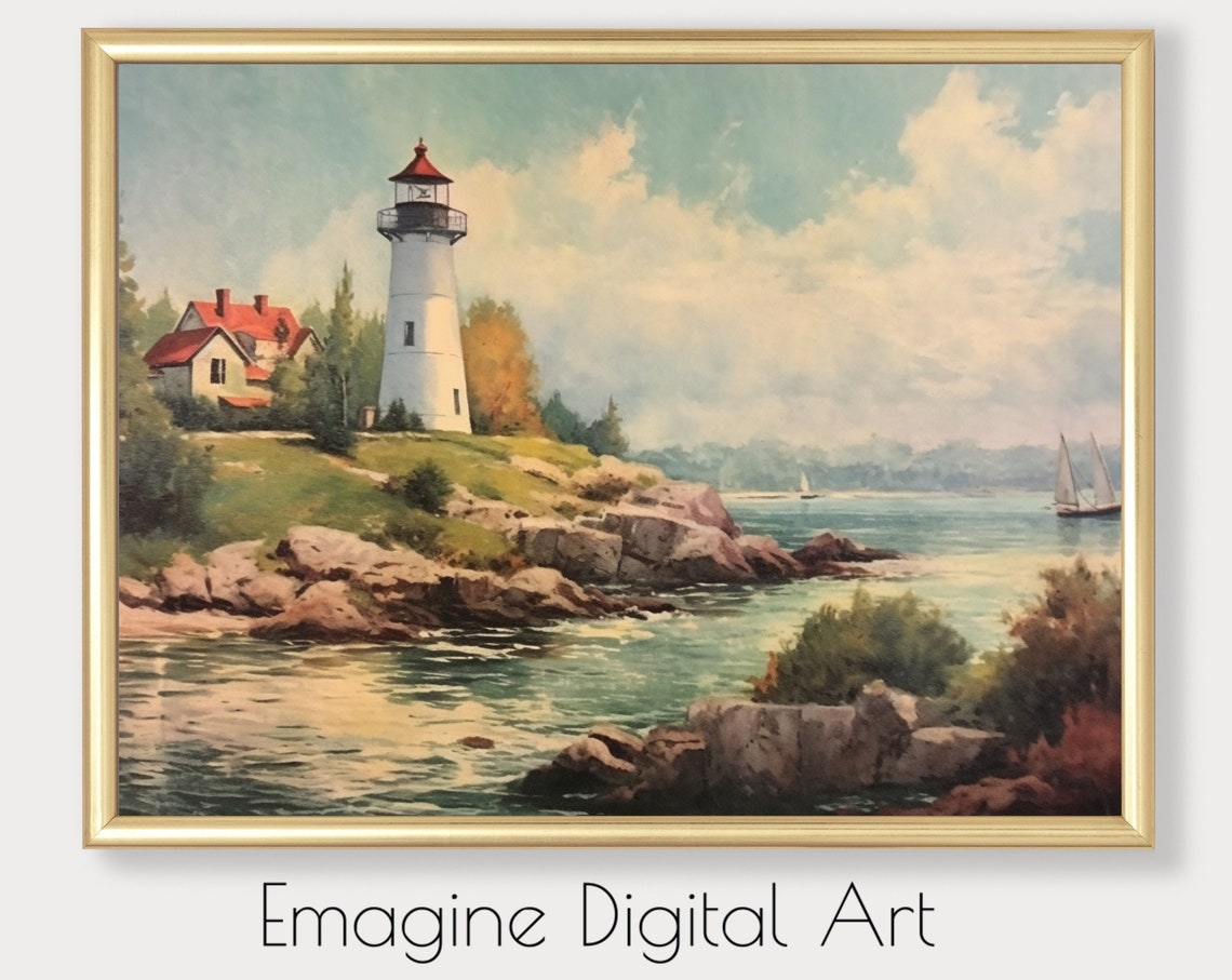 Vintage Summer Coast Lighthouse Sailboats New England Art Poster