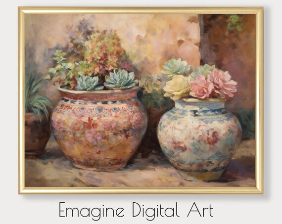 Decorative Painted Pottery with Succulents Pastel Still Life Wall Art