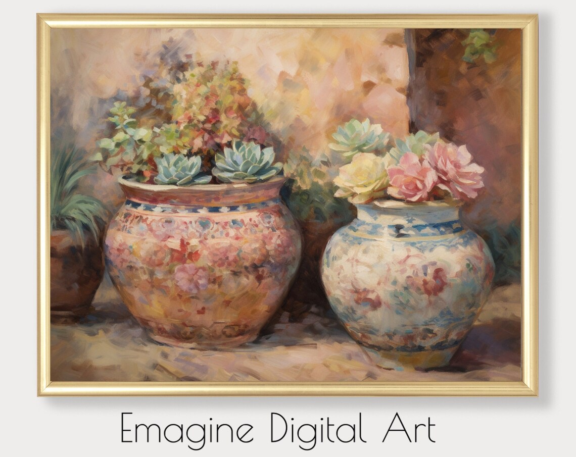 Decorative Painted Pottery with Succulents Pastel Still Life Wall Art