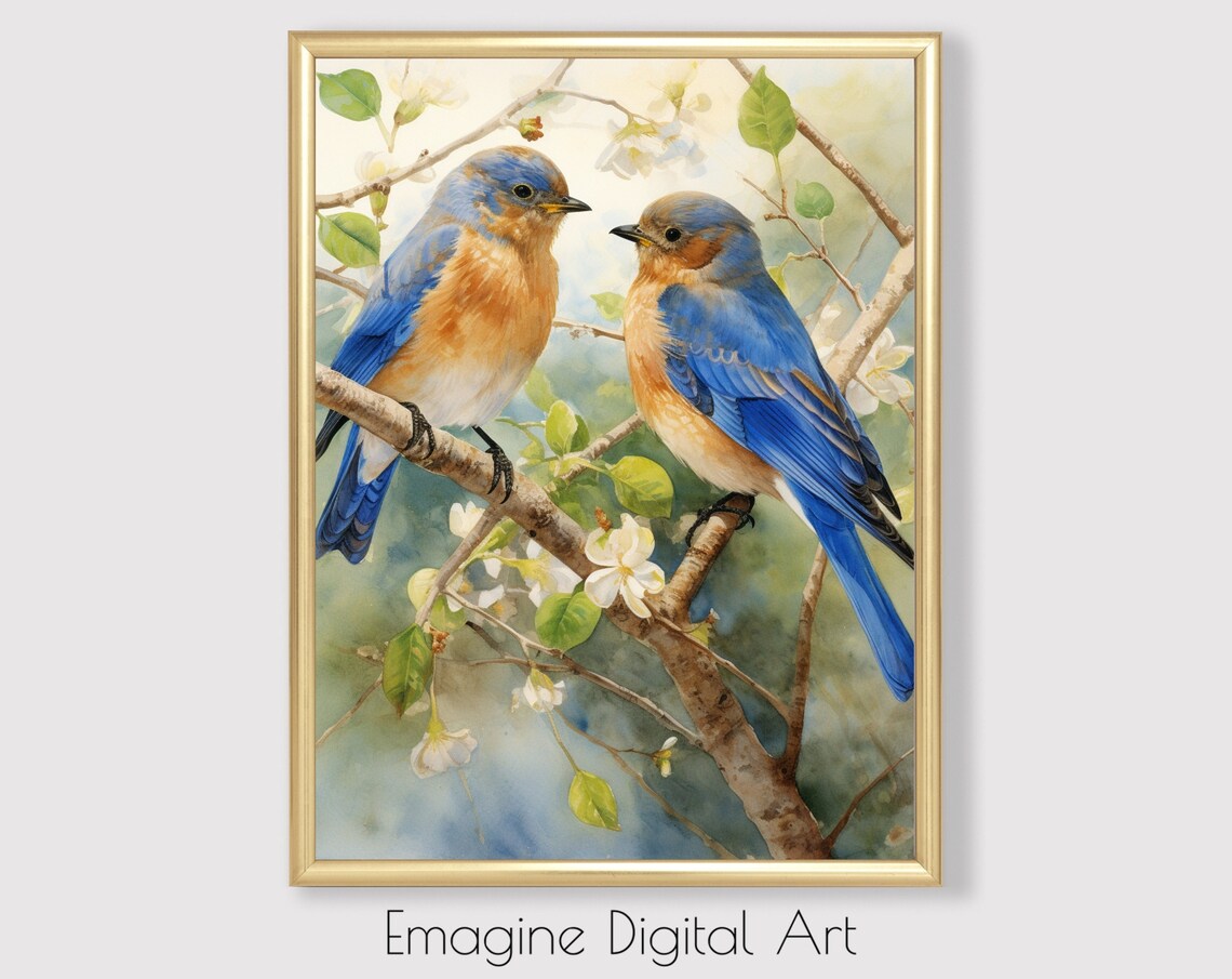 Eastern Bluebirds Perched on Flowering Branch Watercolor Art Poster