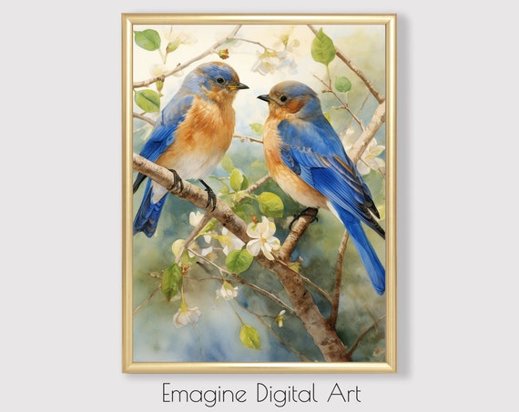 Art Bluebirds In Flowering Tree Avian Wildlife Wall Decor To Instantly Print Frame Wl32