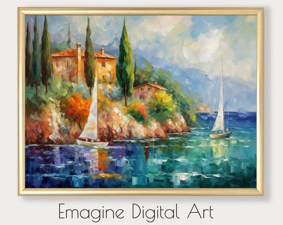 Mediterranean Coastal Villa Sailboats Impressionist Art Poster