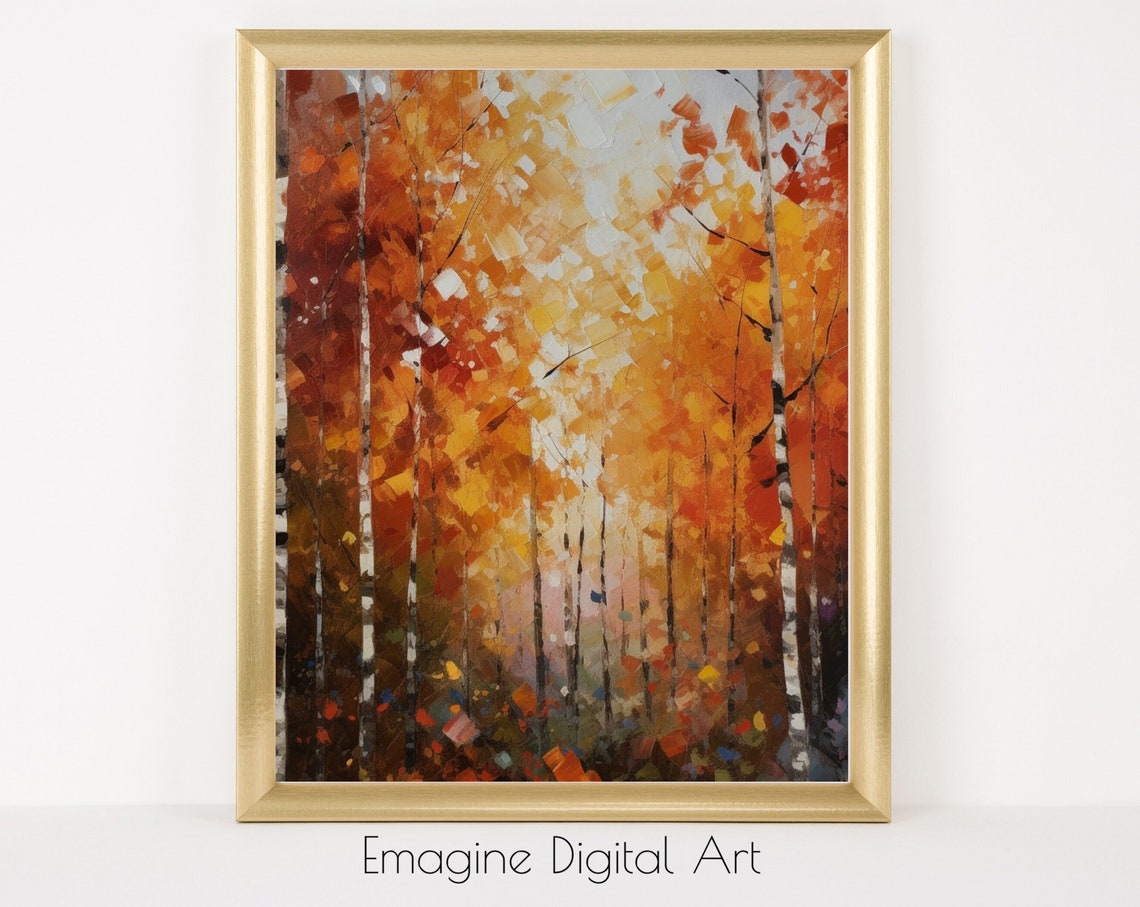 Art Autumn Birch Forest Painting Warm Scene Tree Leaves Changing Colors Instantly Print And Frame Ls03